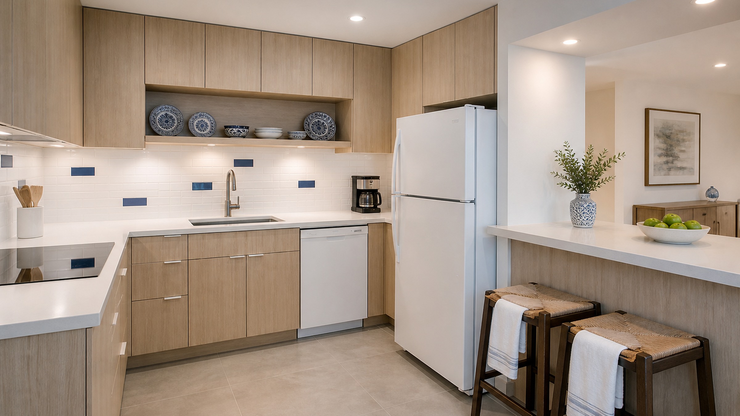 Kitchen makeover without remodel: vinyl-wrapped cabinets in sand oak