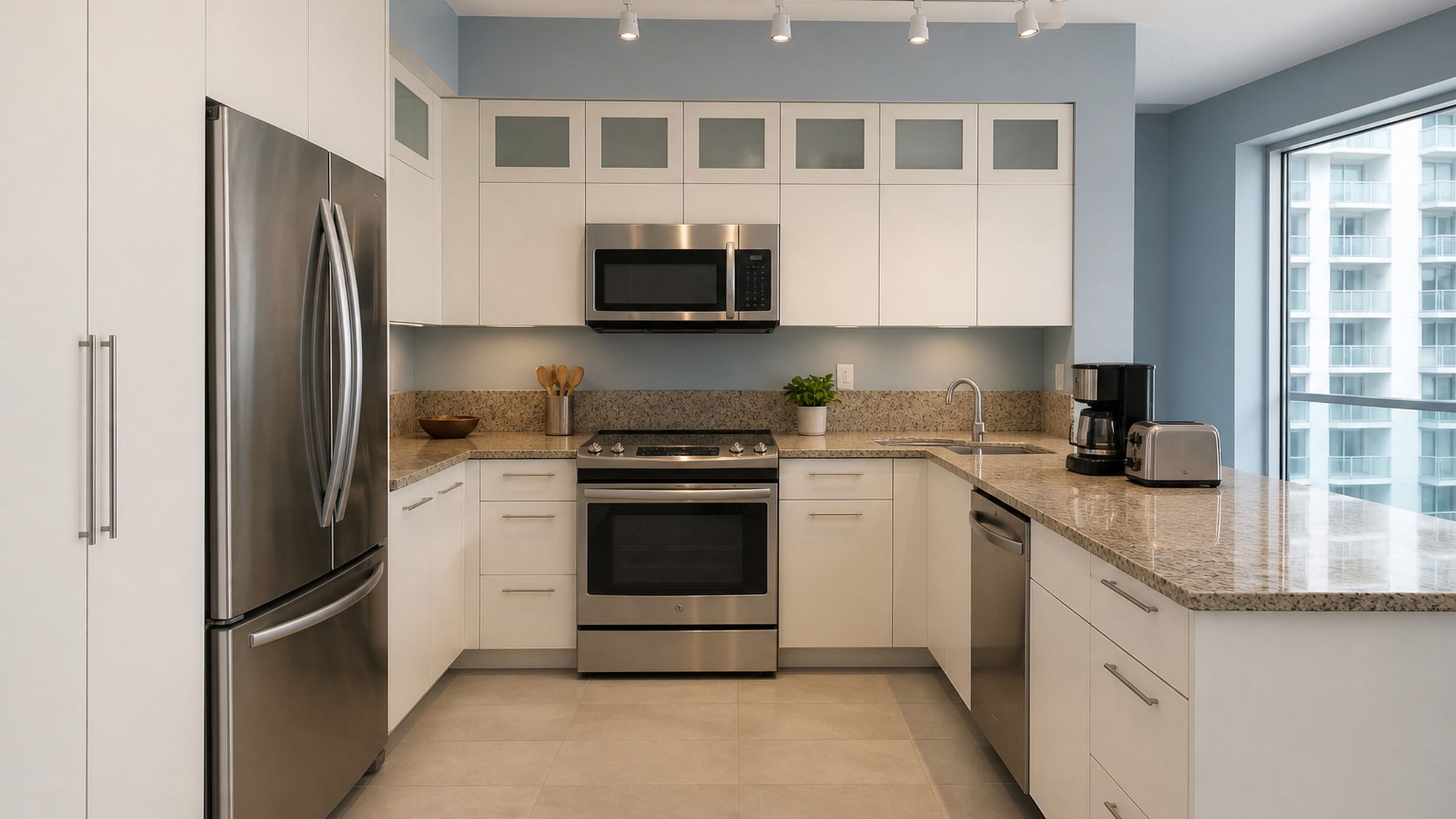 Kitchen cabinet refinishing after: vinyl-wrapped cabinets