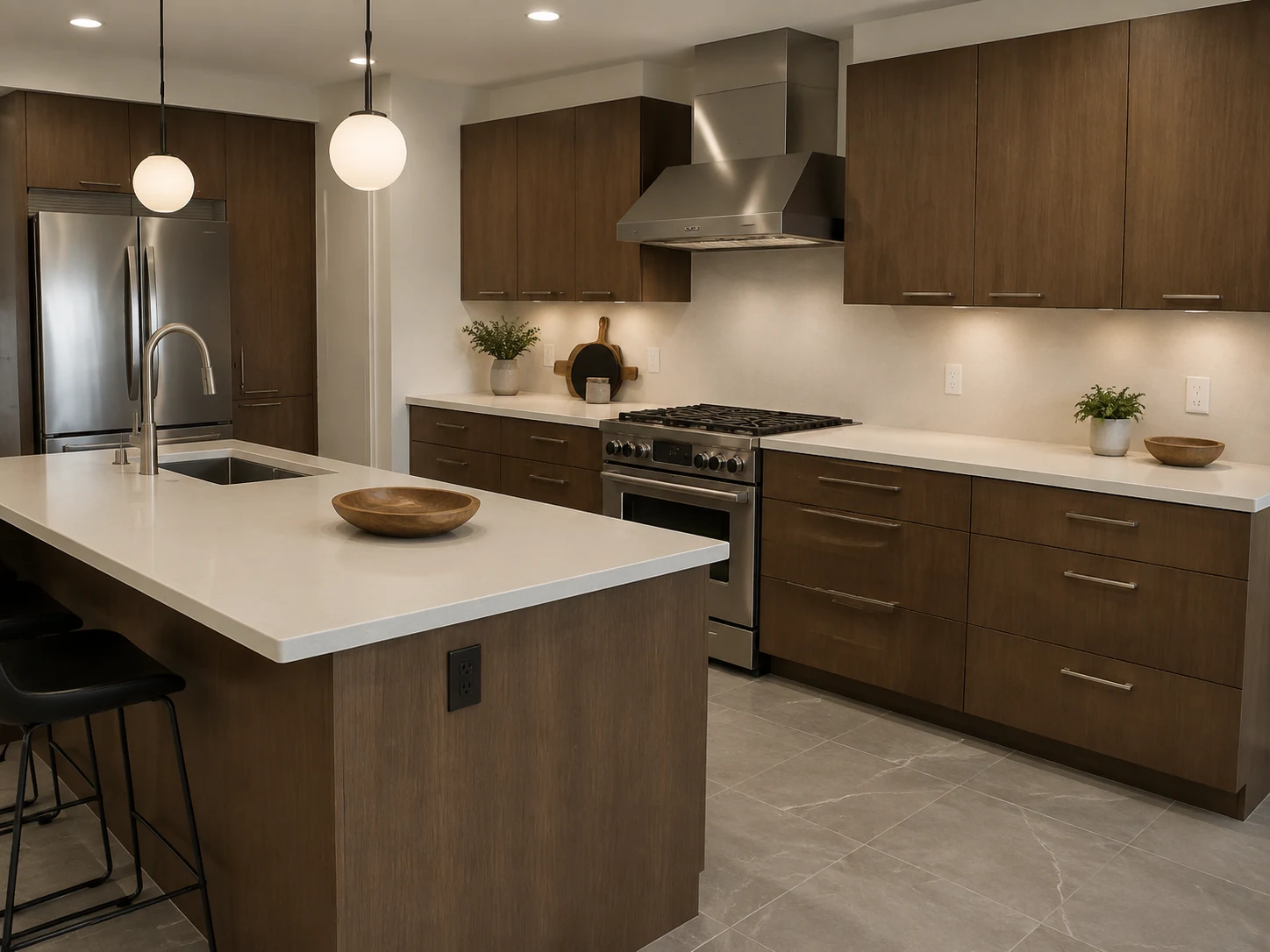 After: cocoa walnut on the same kitchen cabinets