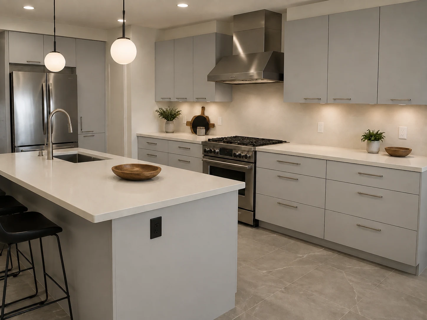 Before: the original cabinet finish, with the same kitchen layout