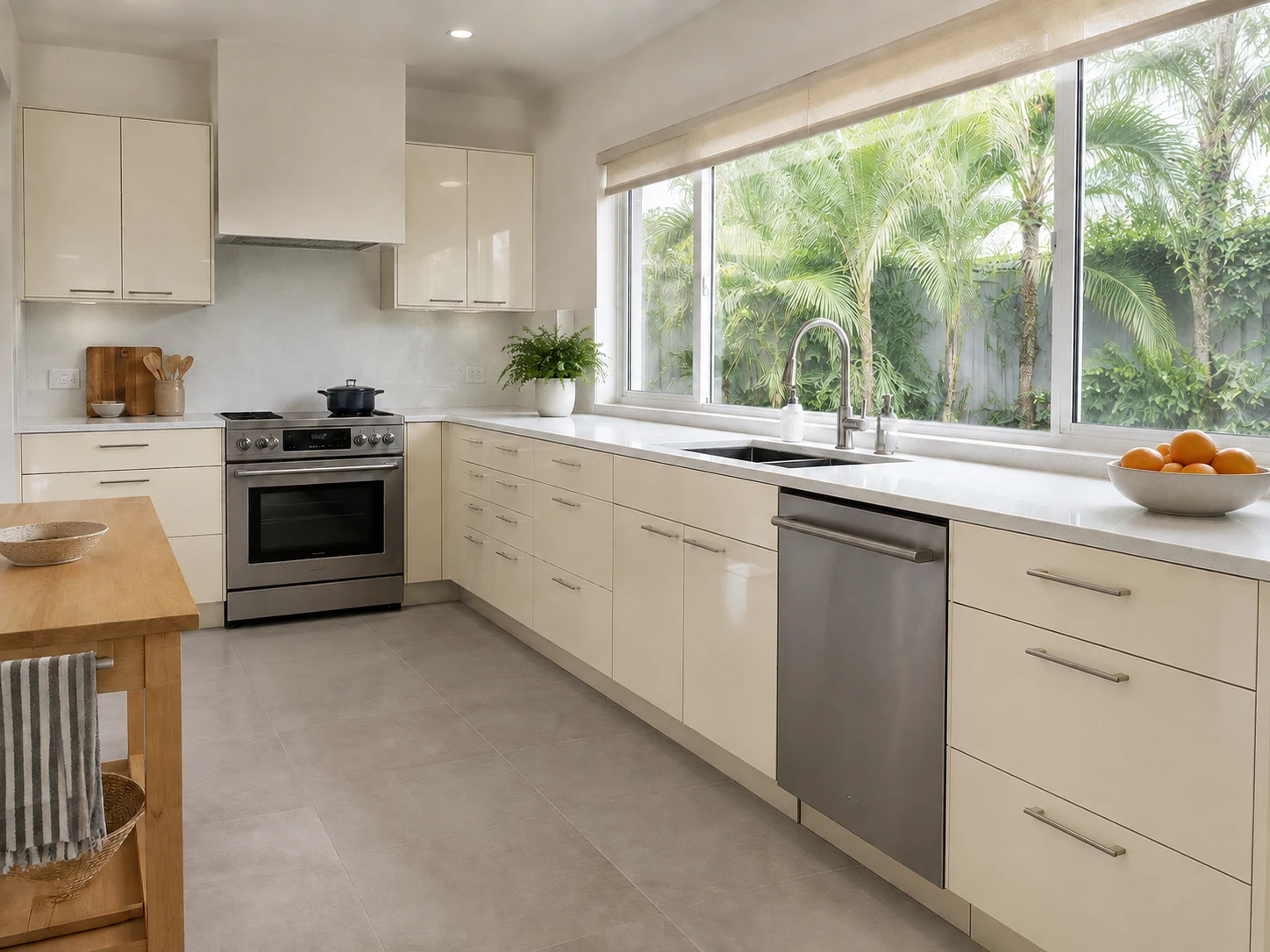 Before: the original cabinet finish, with the same kitchen layout