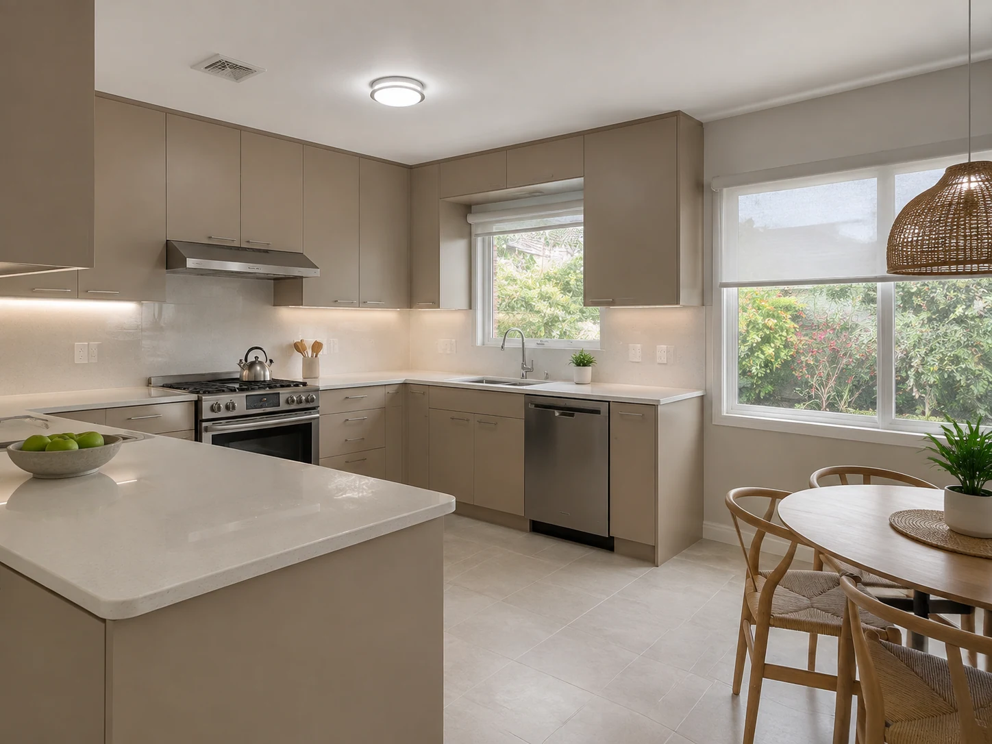 After: warm taupe on the same kitchen cabinets
