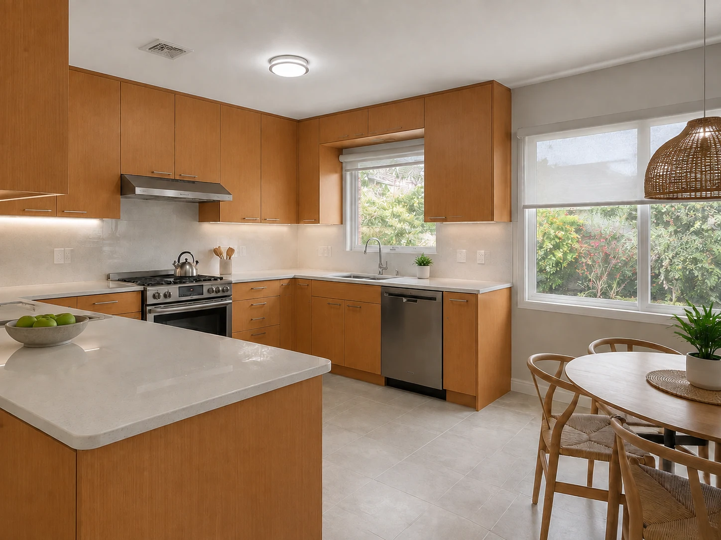 Before: the original cabinet finish, with the same kitchen layout