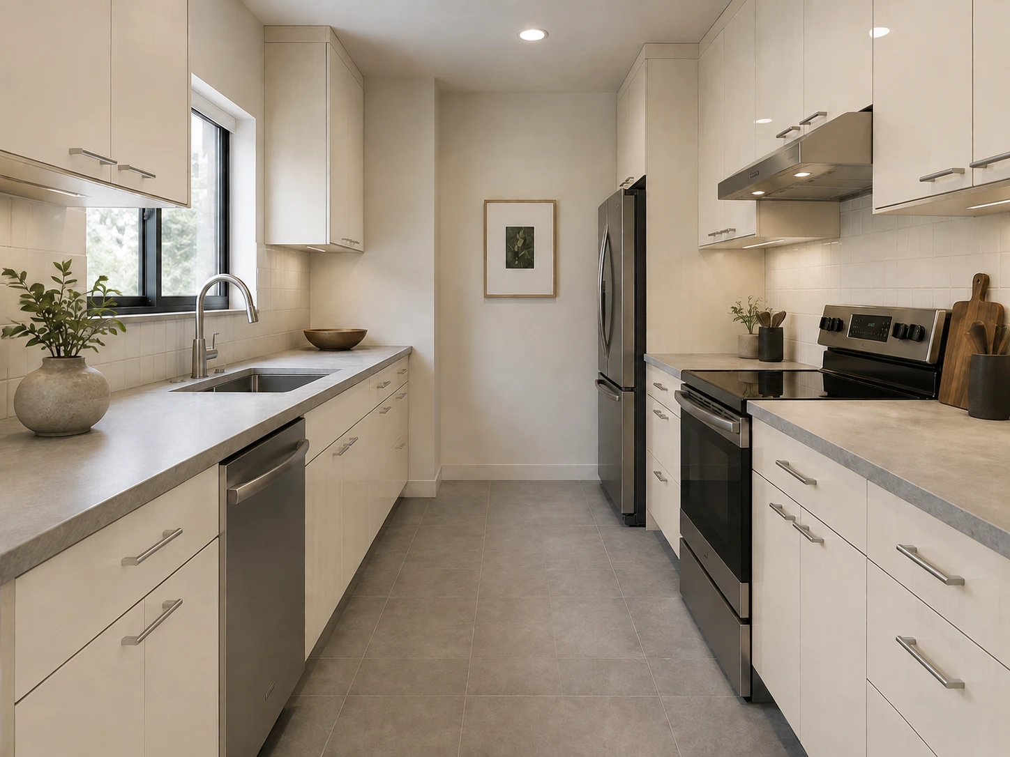 Before: the original cabinet finish, with the same kitchen layout