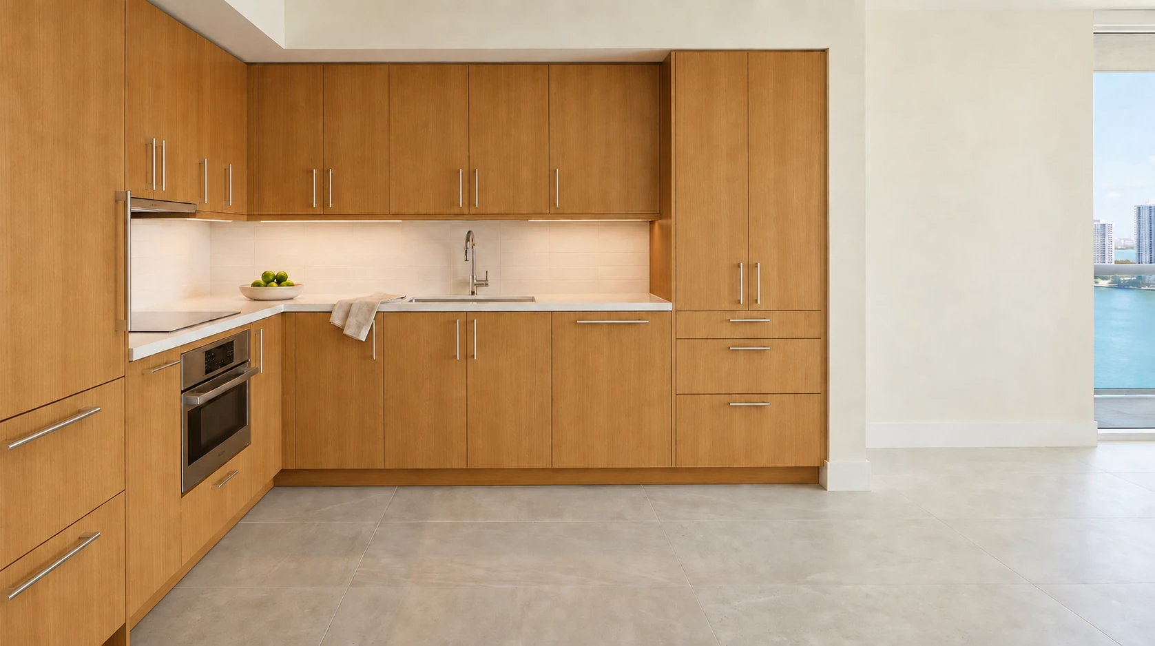 Before: the original cabinet finish, with the same kitchen layout